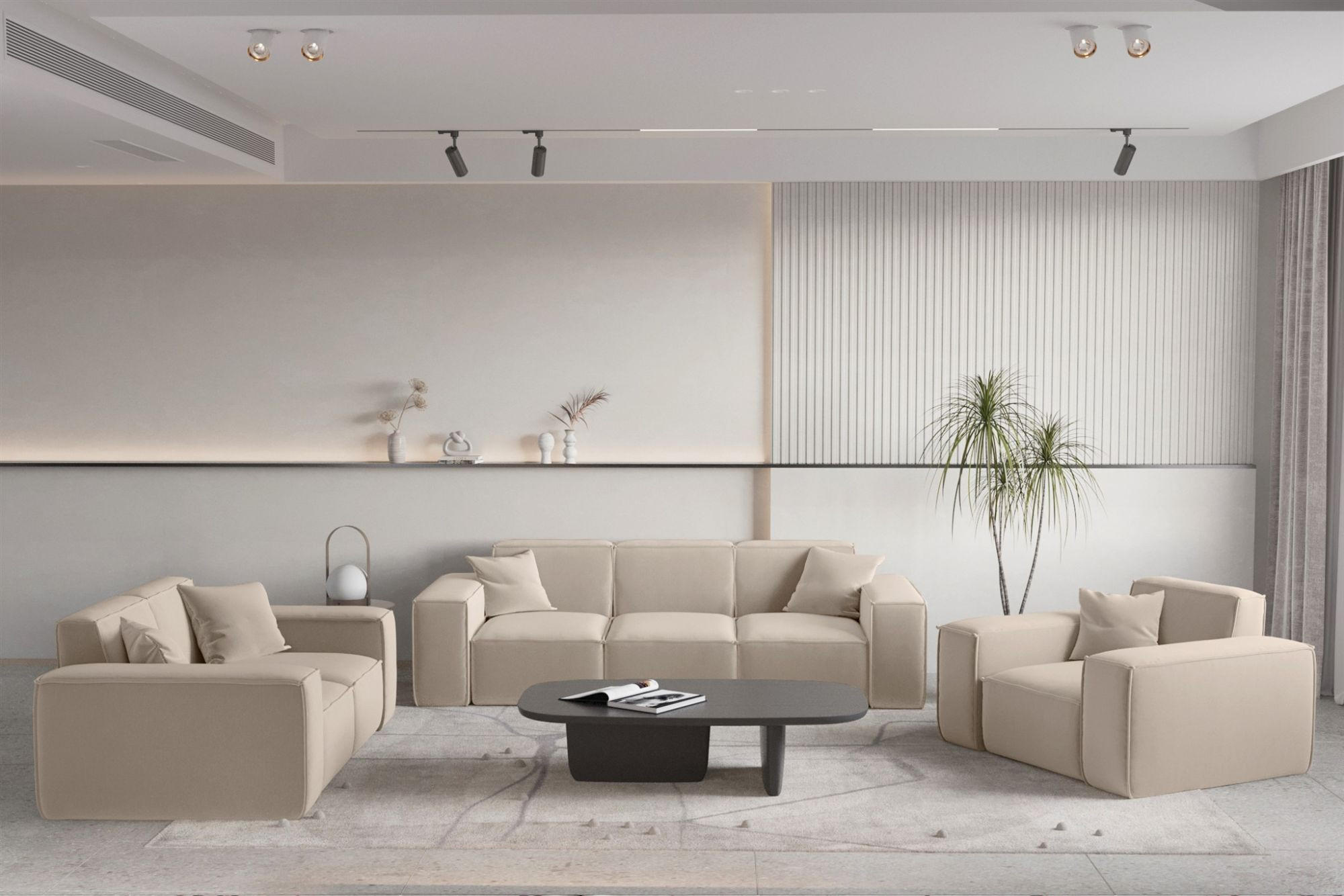 SOFASET Celes Premium 3-2-1 In Opera - Sandfarben, Holzwerkstoff/Textil (225/73/88cm) - Fun Möbel