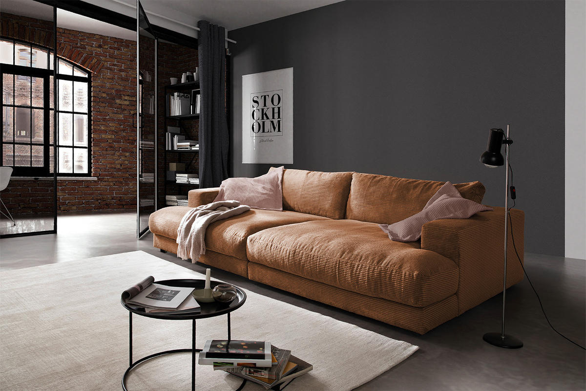 BIG SOFA XL MADELINE Braun Cord - Dunkelbraun/Schwarz, Kunststoff/Textil (290/85/190cm) - KAWOLA