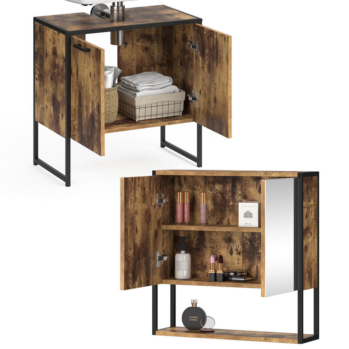 BADMÖBEL-SET Fyrk Antikholz 2 Teile, mit Spiegelschrank - Alteiche/Schwarz, Holzwerkstoff (60/60/33cm) - Vicco