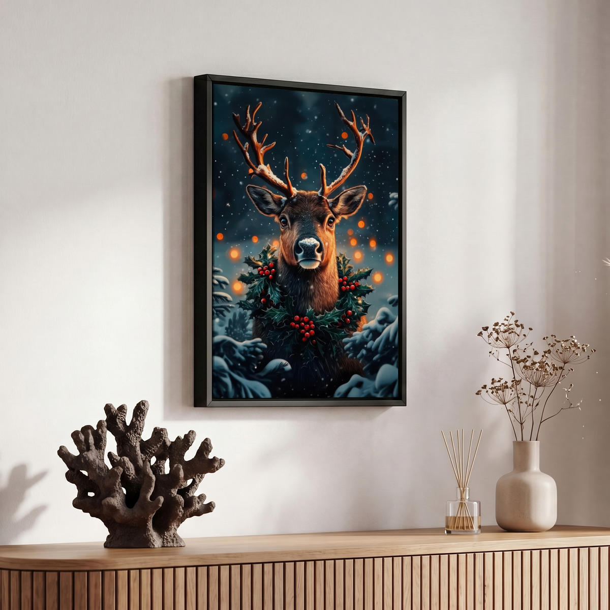 LEINWAND Bilder mit Rahmen - Hirsch - Weihnachten - Winter - Schnee - Weihnachtskranz - 20x30 - Dunkelbraun, Textil (20/30cm) - MuchoWow
