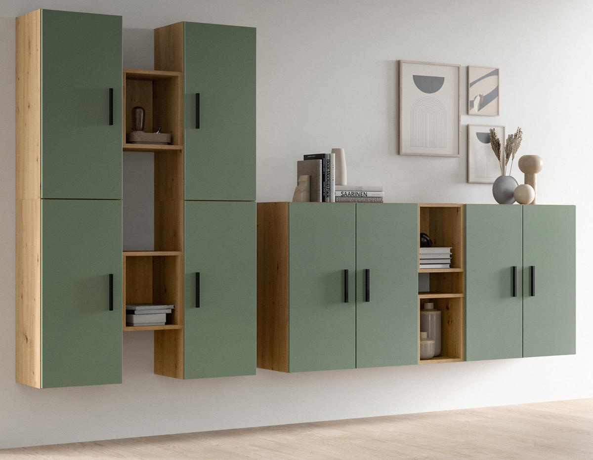 WOHNWAND grün, Eiche Artisan 259 x 184 cm, Wohnkombination hängend / stehend - Schwarz/Eiche Artisan, Holzwerkstoff/Kunststoff (259/151/34cm) - Inn.Furn