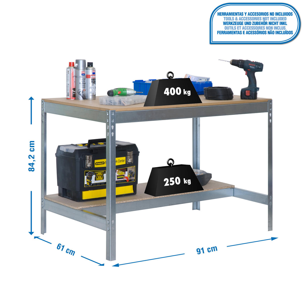 WERKBANK Buffalo HxBxT 84 x 90 x 61 cm Traglast 400 kg Verzinkt - Silberfarben, Holz (90/84/61cm) - PROREGAL