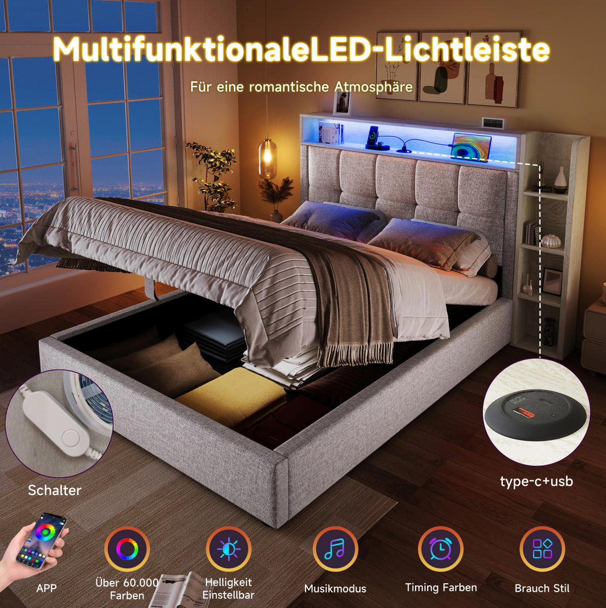 ČALOUNĚNÁ postel 90/200 cm béžová z lnu a MDF s LED osvětlením USB-C a úložným prostorem - béžová, textil (90/200cm) - OKWISH