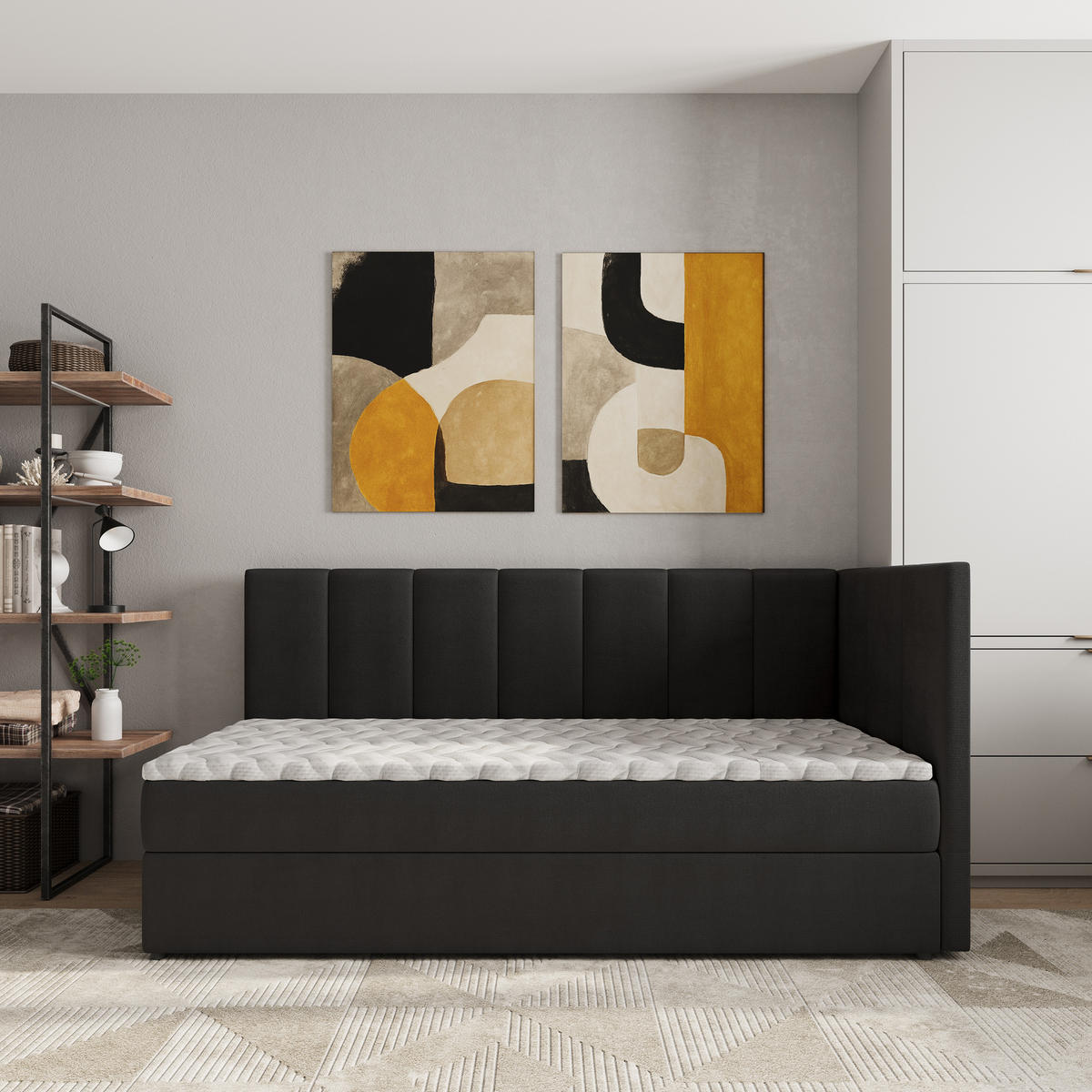 BOXBETT BEVE 80x200 cm mit Matratze und Topper, H2+H3 - Schwarz - Schwarz, Holz (80/200cm) - MASSENO