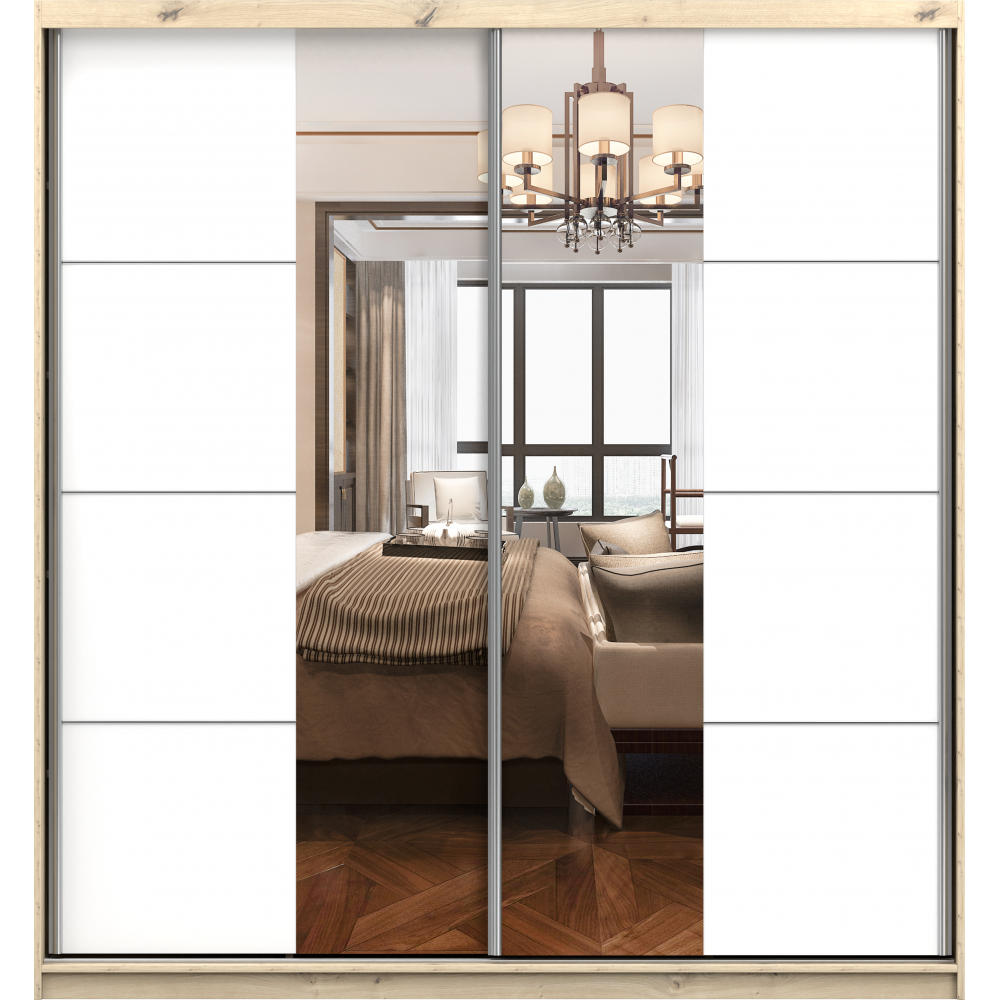 imoebel24 Schwebetürenschrank Sonoma Eiche, Weiß 203x218x61 cm