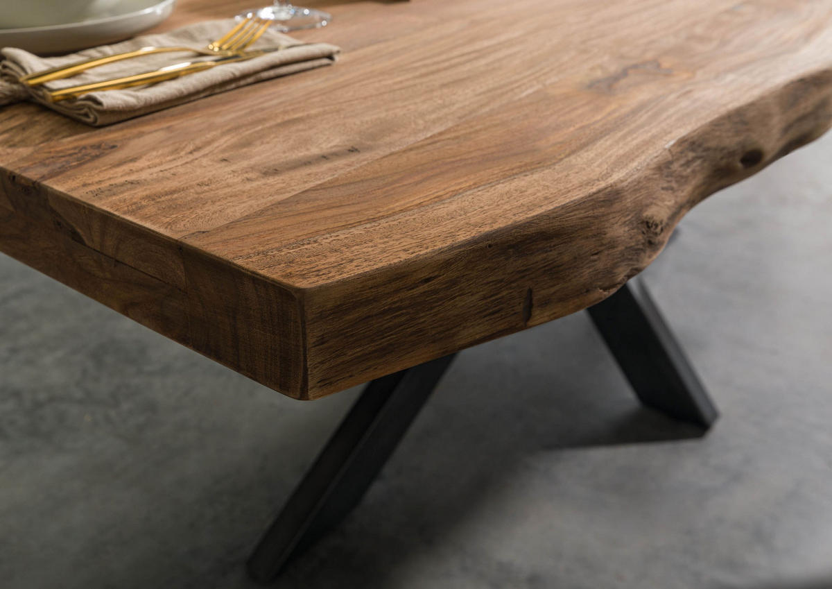 BAUMTISCH Sheesham 220x100x77 natur gebeizt / Kreuzgestell anthrazit glänzend FREEFORM 5 - Naturfarben, Holz (220/100/77cm) - Massivmoebel24