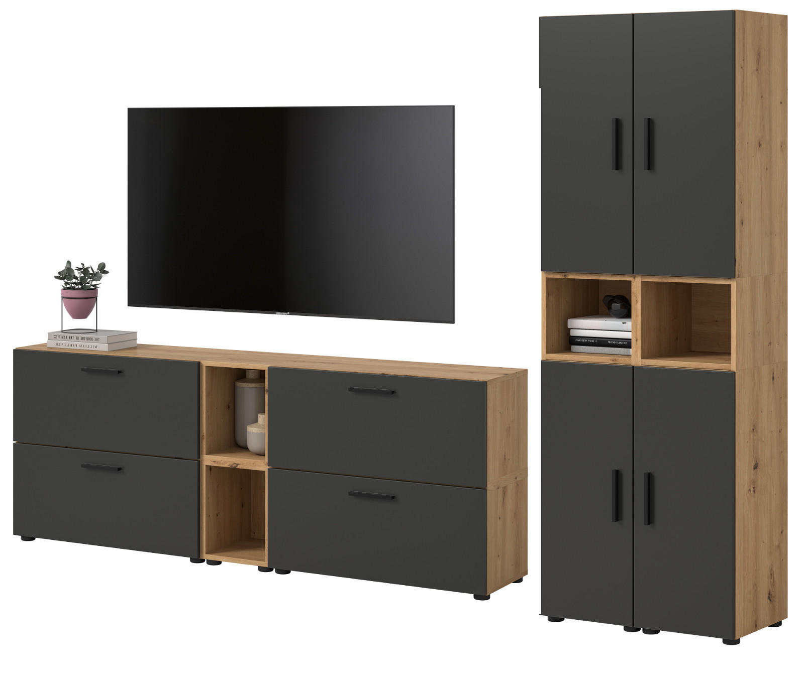 WOHNWAND grau, Eiche Artisan 256 x 178 cm, Schrankwand mit Soft-Close - Schwarz/Eiche Artisan, Holzwerkstoff/Kunststoff (256/151/34cm) - Inn.Furn