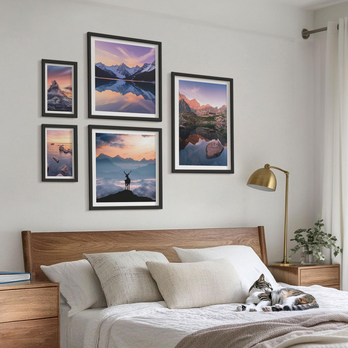 BILDER SET 5er Set - 50x50 cm & 20x30 cm & 40x60 cm Schwarzer Rahmen - Landschaften Berge Seen jelen - Schwarz, Kunststoff (40/60cm) - TULUP