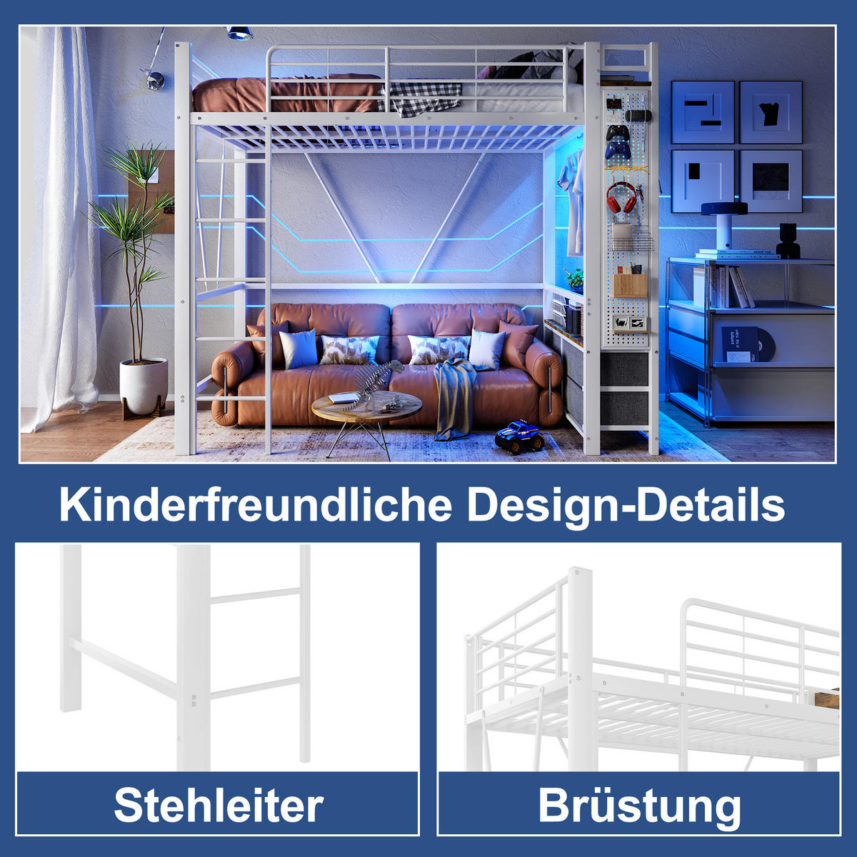 HOCHBETT 90/200 cm Eisenrahmen mit 4 Schubladen und USB-Anschluss ohne Matratze - Weiß, Metall (90/200cm) - OKWISH