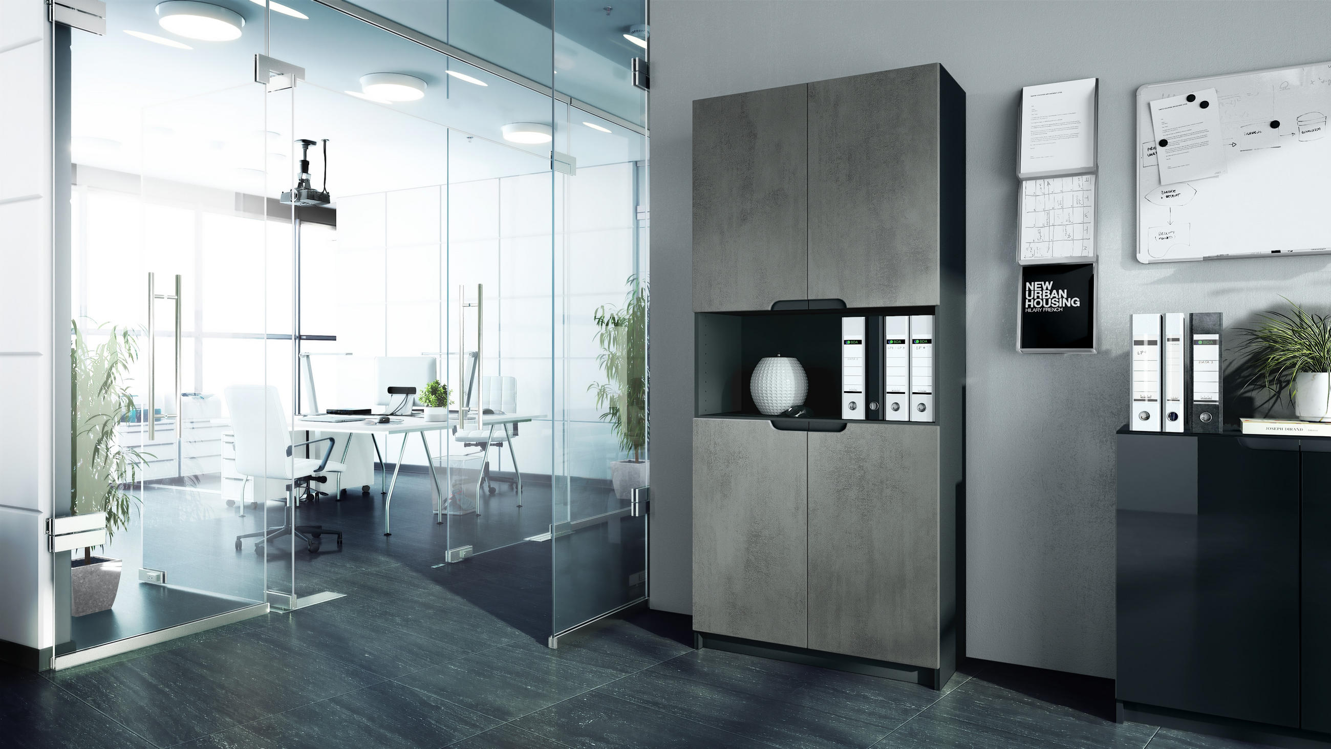 BÜROSCHRANK Logan Fronten in Beton Dunkel Optik - Dunkelgrau, Holzwerkstoff (82/184/37cm) - Vladon