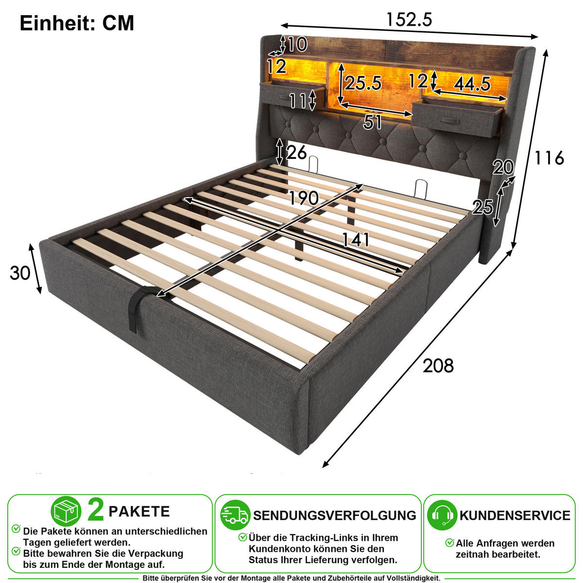 ČALOUNĚNÁ POSTEL 140/190 cm v šedé barvě s úložným prostorem, LED a USB-C - šedá, kov/kompozitní dřevo (140/190cm) - CHICFURN