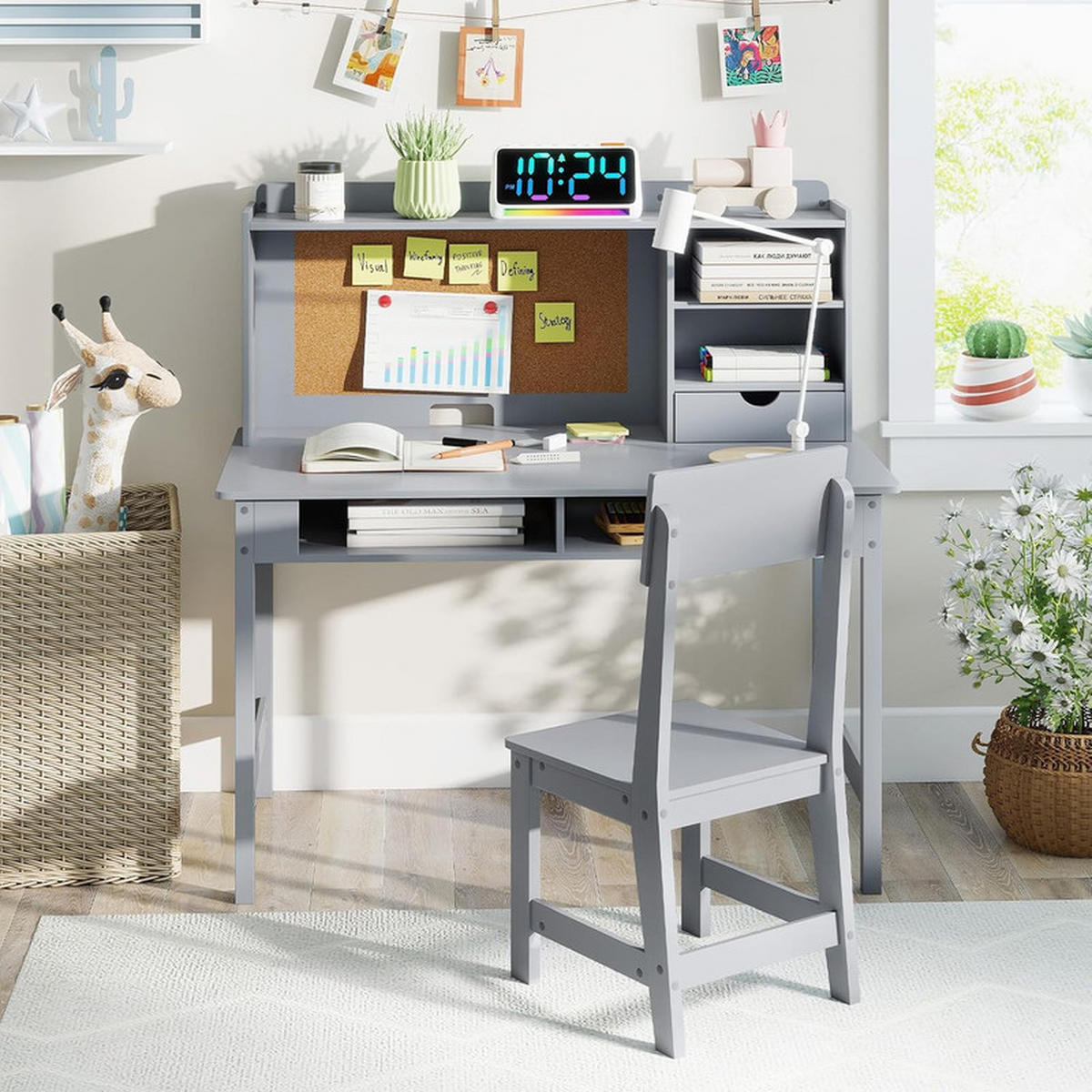 KINDERSCHREIBTISCH-SET aus Holz grau(2-tlg) - Grau, Holzwerkstoff (110/110/60cm) - COSTWAY