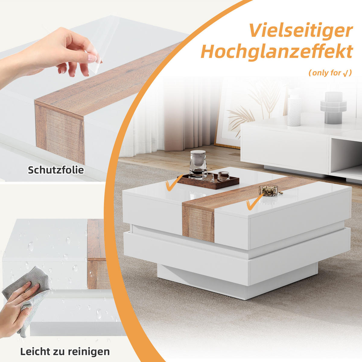 COUCHTISCH 70/70 cm mit ausziehbarer Tischplatte und verborgenem Stauraum - Weiß, Holzwerkstoff (70/70/39cm) - BEAOK