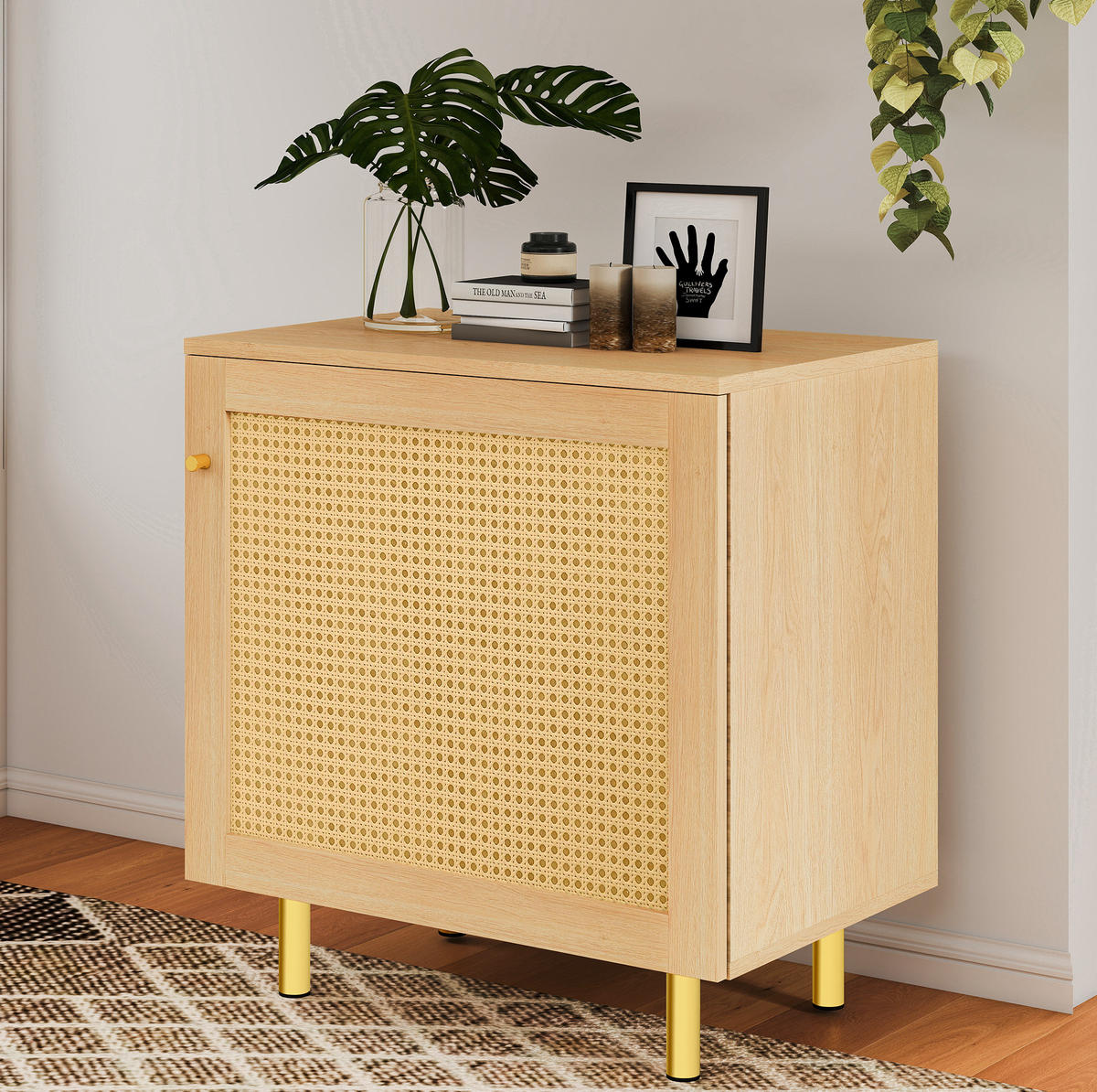 SIDEBOARD 60/40/63 cm mit Rattanfront und Metallbeinen in Natur - Naturfarben, Holzwerkstoff (60/63/40cm) - BEAOK