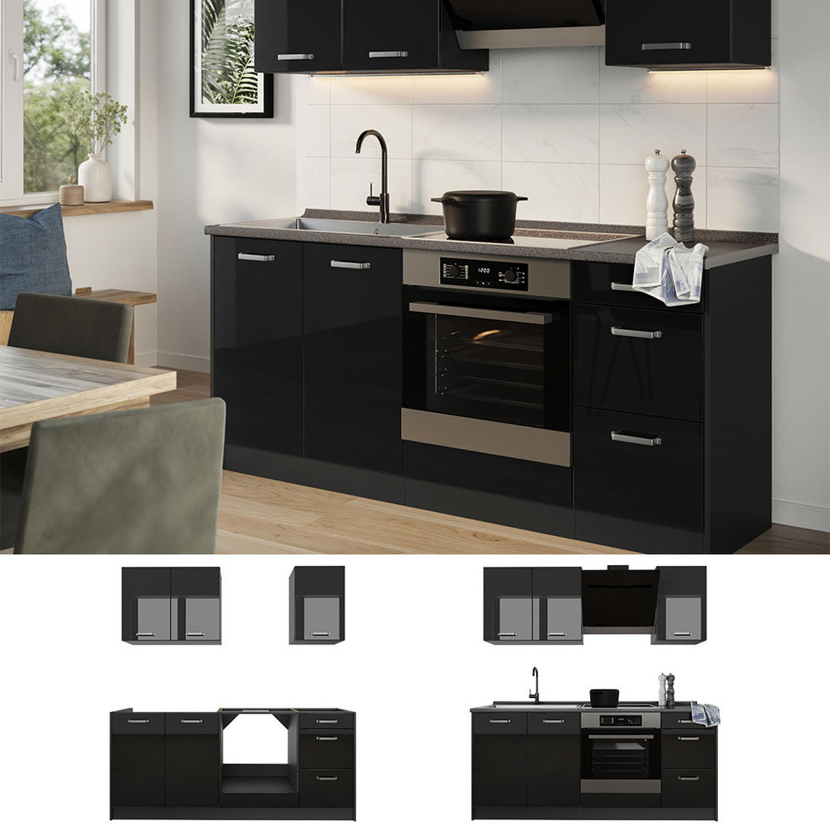 SINGLEKÜCHE R-Line, Schwarz Hochglanz/Anthrazit, 180 cm Arbeitsplatte Anthrazit - Schwarz Hochglanz/Anthrazit, Holzwerkstoff (180/206.8/60cm) - Vicco