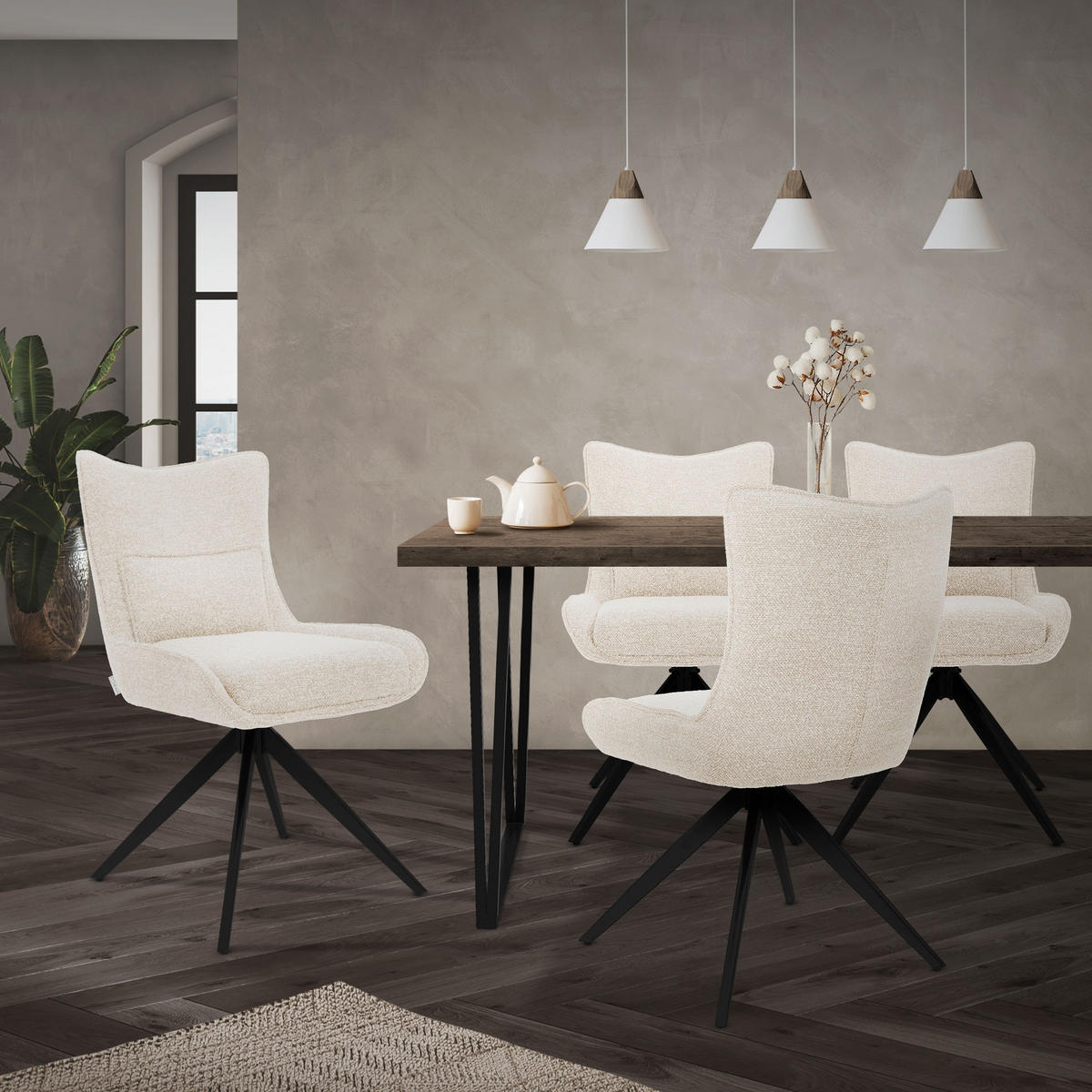 ESSZIMMERSTÜHLE 2er Set drehbar Küchenstühle gepolstert mit Webstoff-Bezug Beige - Beige/Schwarz, Textil/Metall (54/90/64cm) - ML-DESIGN