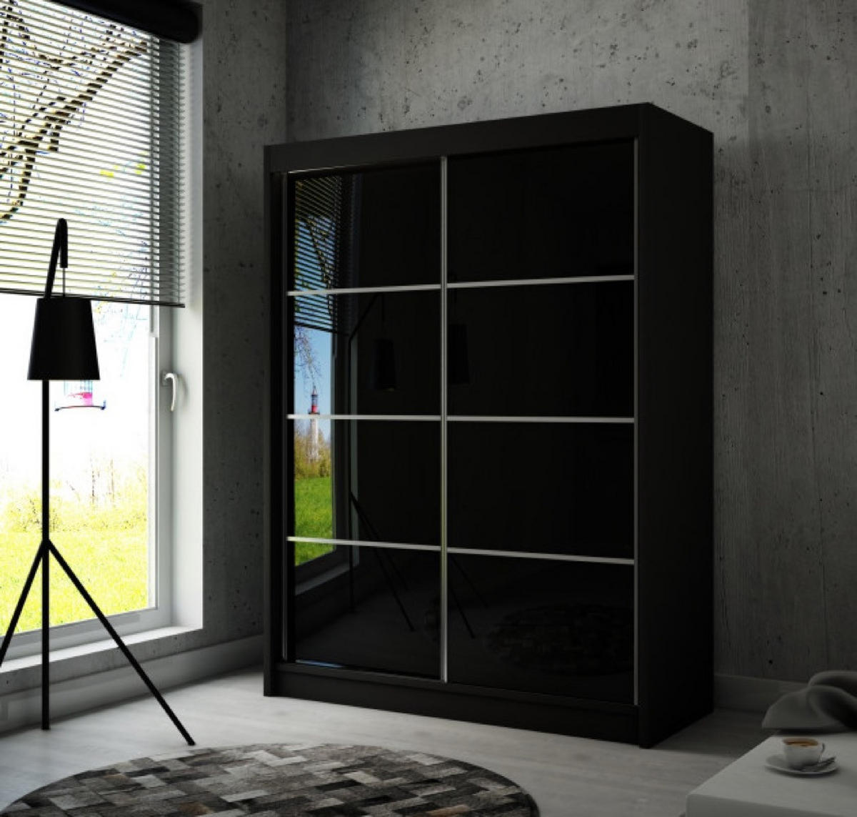 SCHRANK Schwarz PEAK+SZPROSY Matt Lacobel Schwarz 200 cm - Schwarz, Holzwerkstoff (200/215/61cm) - Sepro Meble