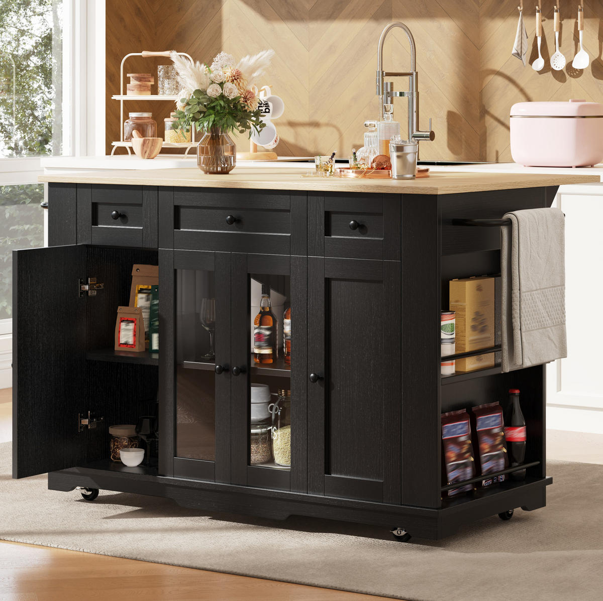 KÜCHENINSEL 151,5/91,7/60 cm Schwarz/Natur aus MDF und Metall mit klappbarer Arbeitsplatte - Schwarz, Holzwerkstoff (60/91.7/151.5cm) - OKMYHOME