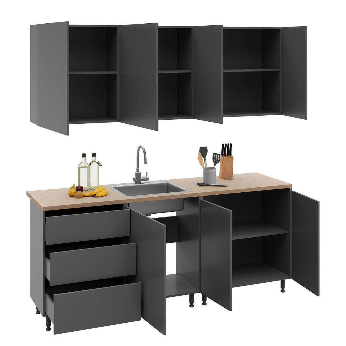 KÜCHENZEILE - Anthrazit, Holzwerkstoff (202/72/60cm) - home24