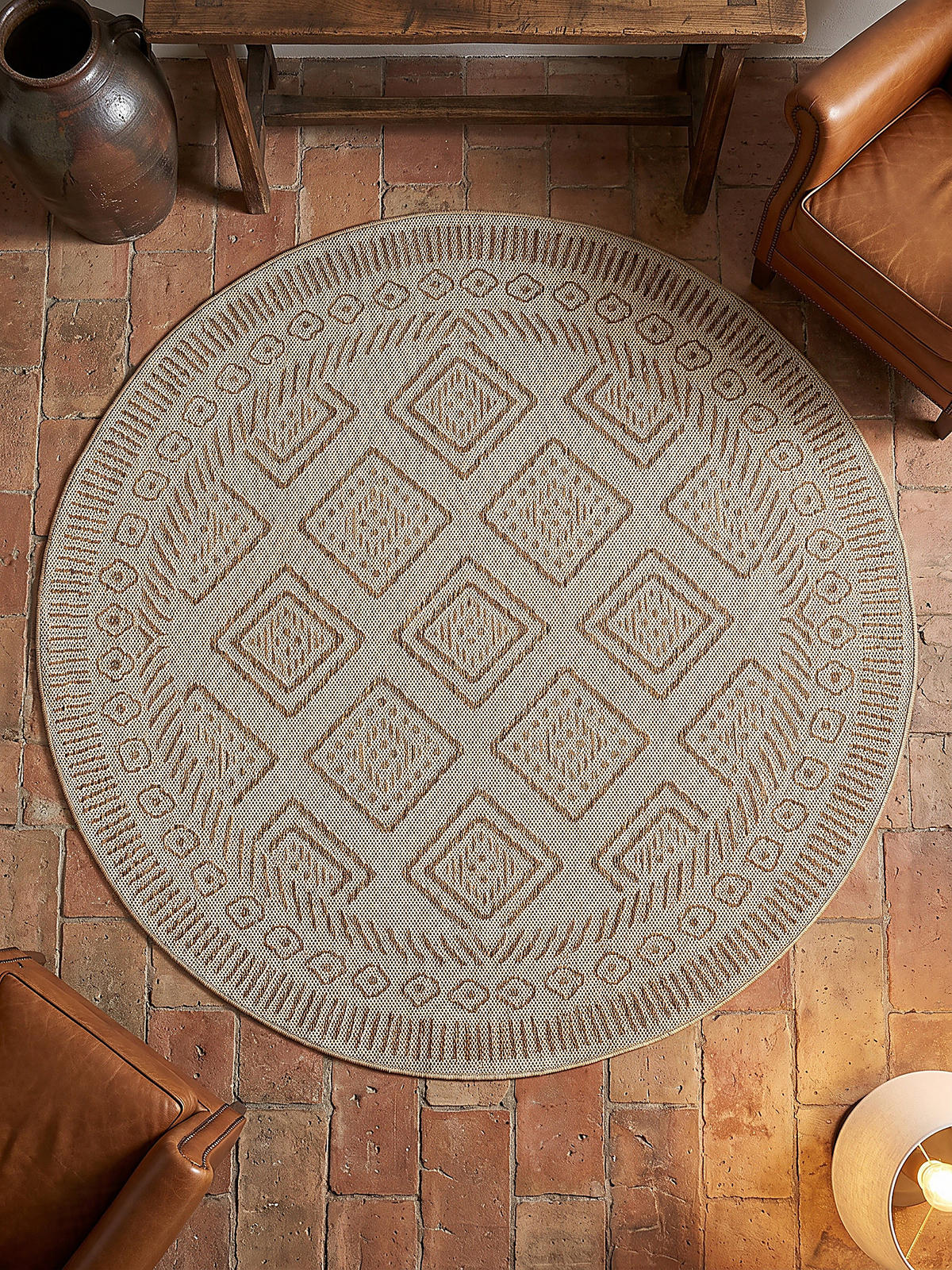 TEPPICH Flachgewebe, Outdoor, Fußbodenheizung-geeignet, mit Rautenmuster, VIGOLENO in Beige-Braun, Ø 200 cm - Beige, Textil (200/200cm) - KADIMA DESIGN