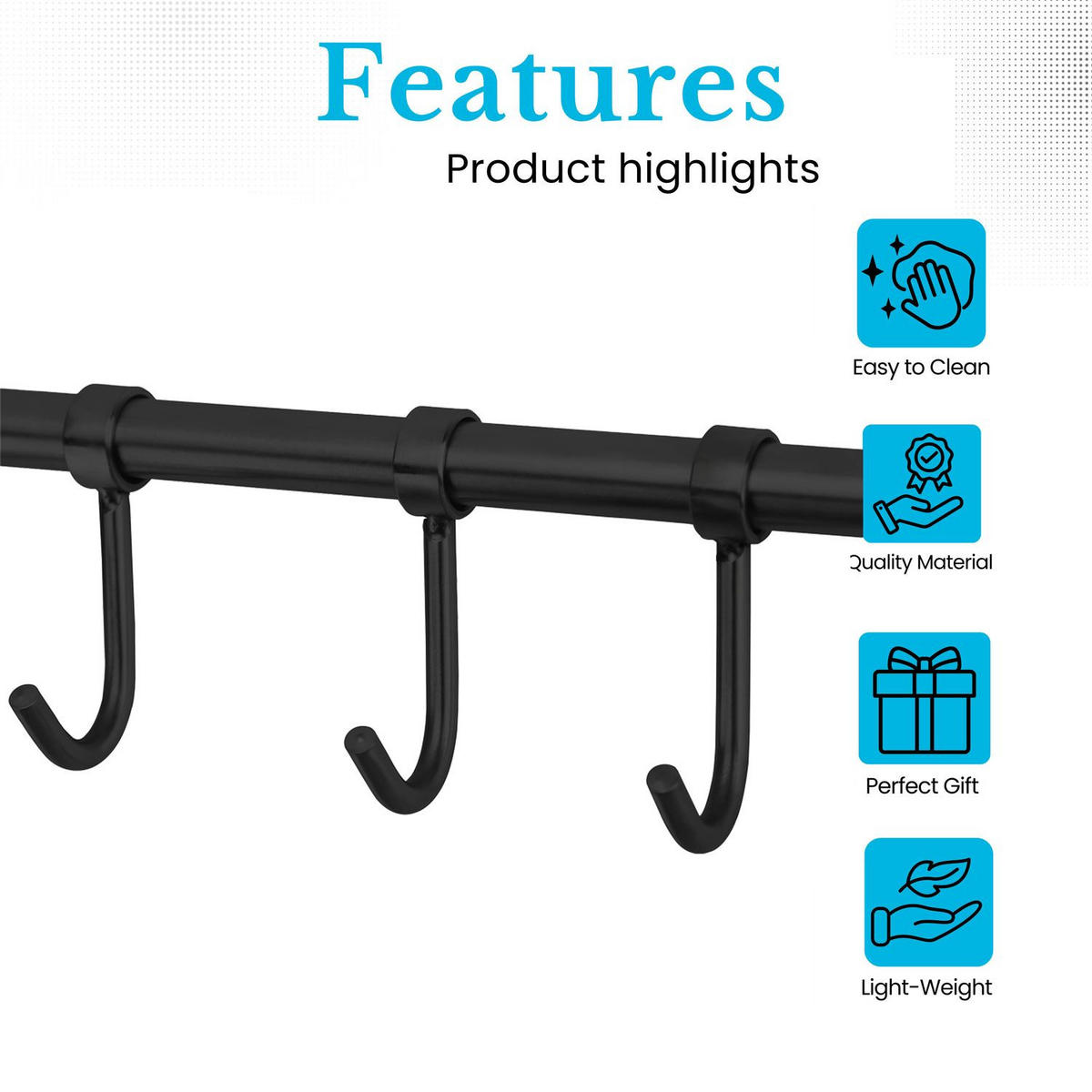 KÜCHEN HAKENLEISTE mit 9 Haken - Schwarz, Metall (3.4/2.2/49.8cm) - Intirilife