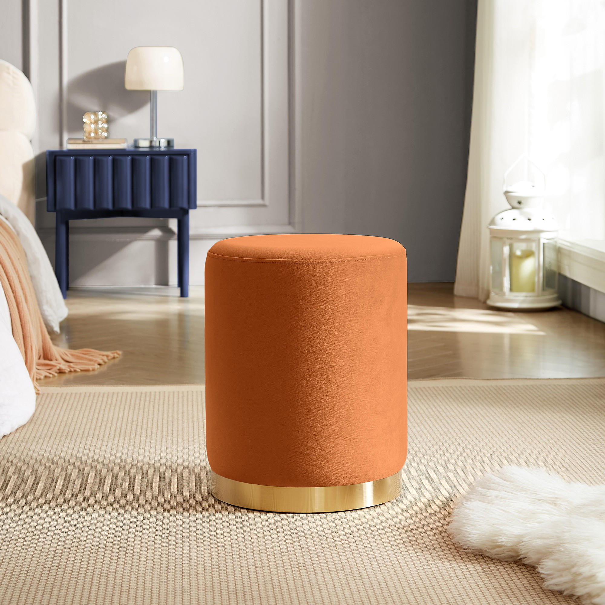 SITZPUFF Charlotte I Samt in gebranntem Orange und goldenem Metall - Dunkelorange, Holzwerkstoff/Textil (35/43/35cm) - Sicaan