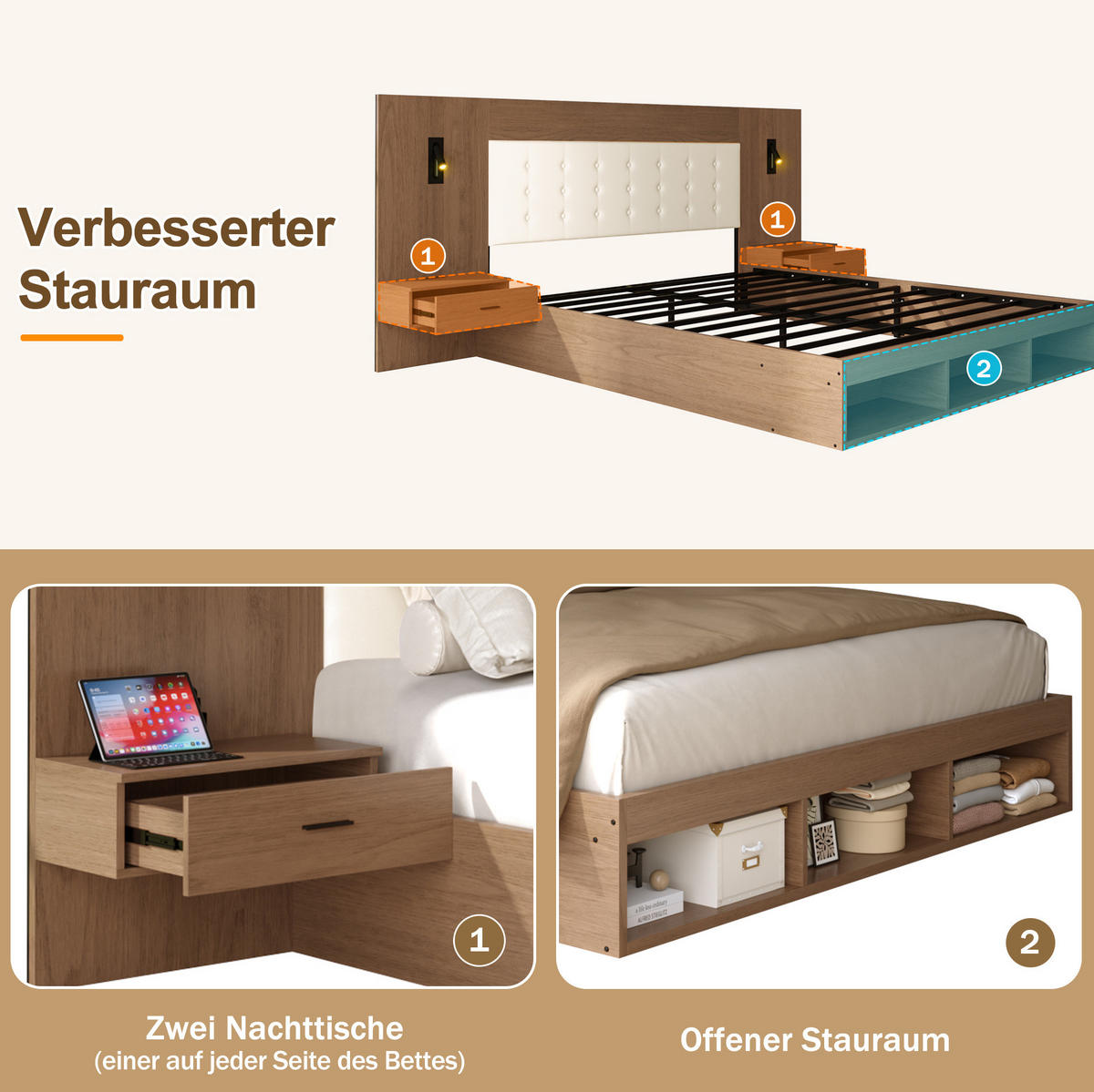 DOPPELBETT 180/200 cm aus MDF mit USB- und Type-C-Anschluss, Leselampen, 2 Nachttischen und Stauraum, Walnuss - Nussbaumfarben, Holzwerkstoff (180/200cm) - Redom