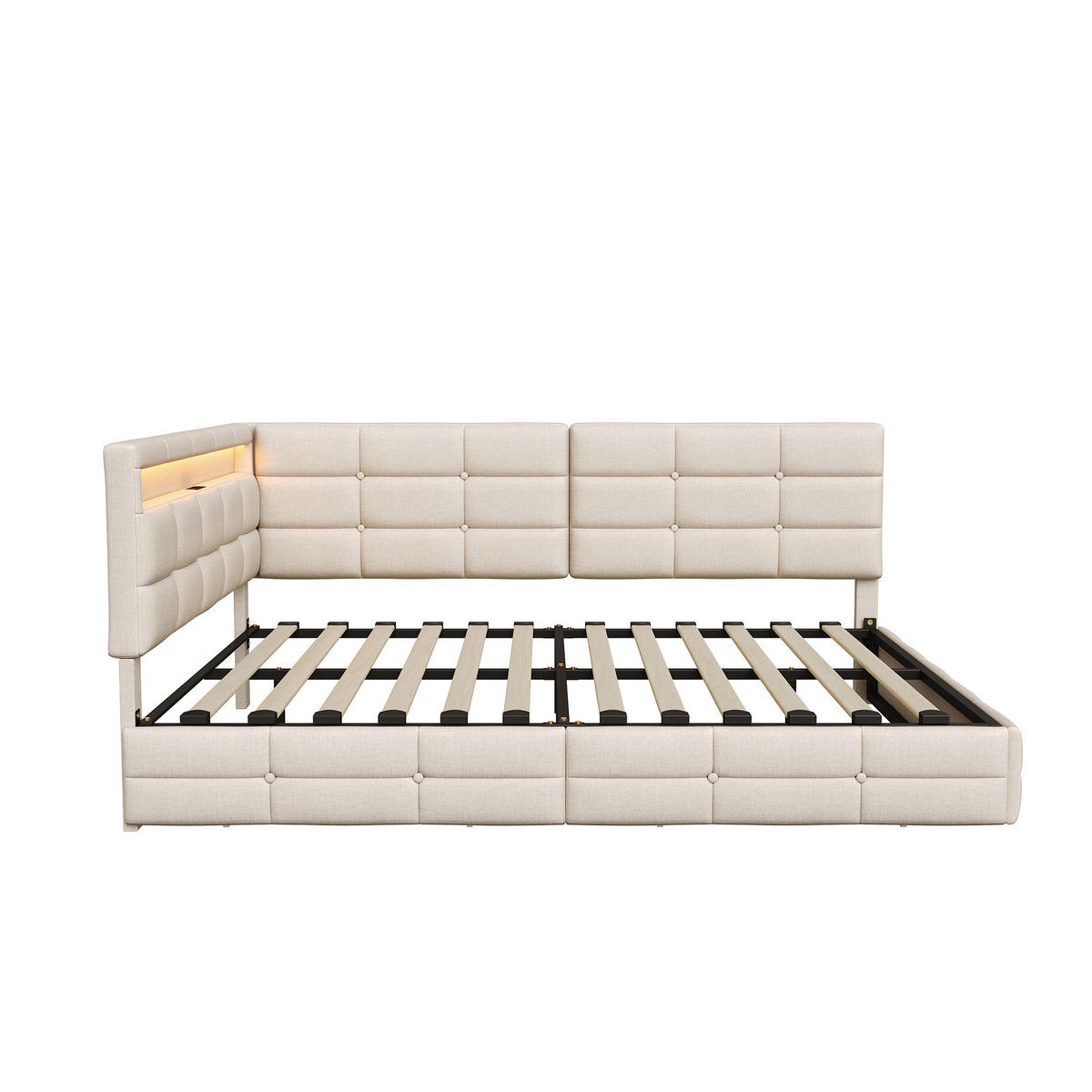 POLSTERBETT 140x190cm Tagesbett mit LED-Beleuchtung und Schublade Leinen Beige - Beige, Textil (140/190cm) - DELFA