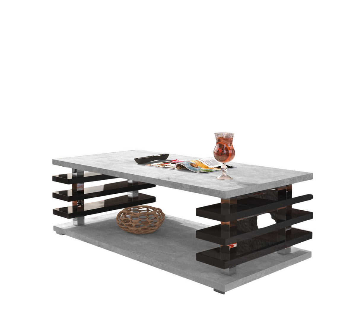 COUCHTISCH rechteckig Beton - Schwarz Hochglanz Ablage 120/40/60 cm - Schwarz Hochglanz/Hellgrau, Holzwerkstoff (60/120/40cm) - designimpex