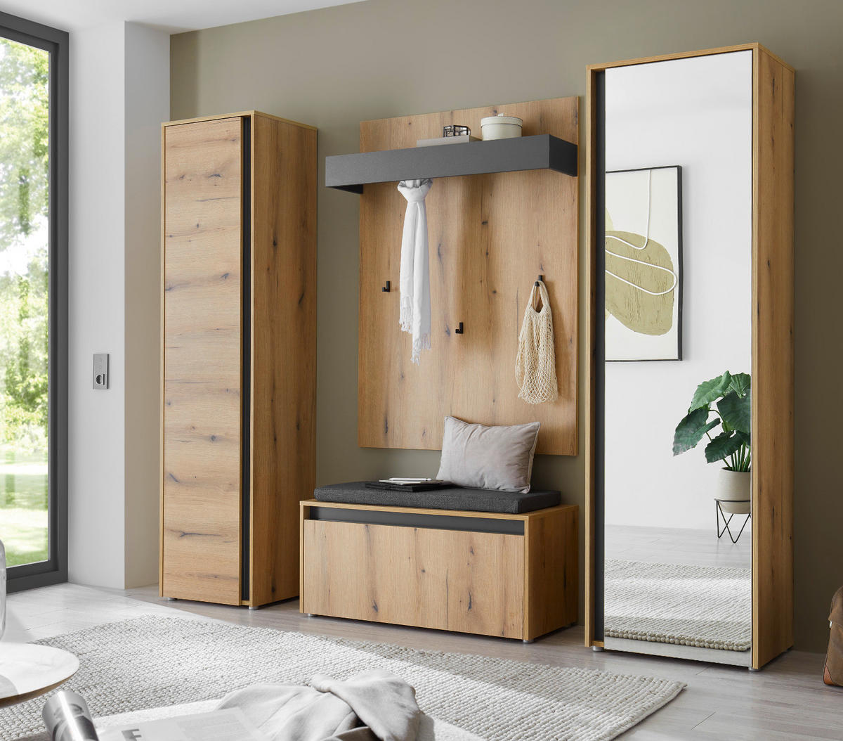 GARDEROBE-SET 5-teilig Evoke Eiche, grau 230 cm, Garderobenkombination mit viel Stauraum - Eichefarben/Schwarz, Glas/Holzwerkstoff (230/200/200cm) - Furn.Design