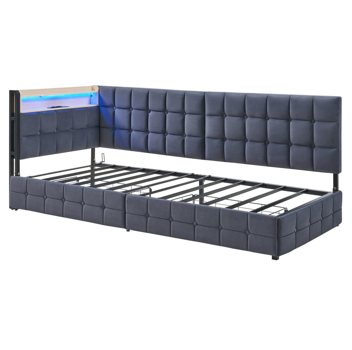 POLSTERBETT 90/200 cm grau mit 2 Schubladen und LED-Lampe - Dunkelgrau, Textil (90/200cm) - OKWISH