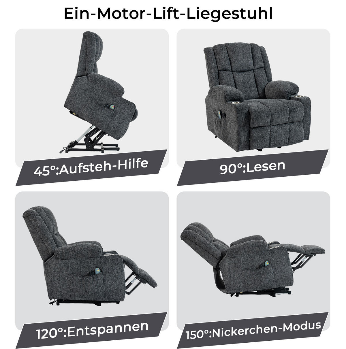 ELEKTRISCHER Relaxsessel Samt mit Aufstehhilfe, Massage, Wärme 91/84/106 cm Dunkelgrau - Dunkelgrau, Textil (84/106/91cm) - Redom