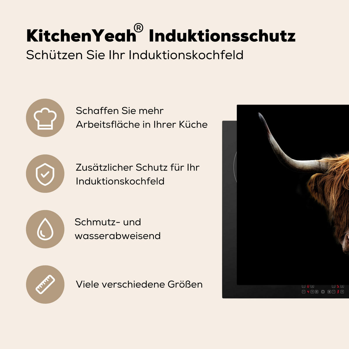 HERDABDECKPLATTE Schottischer Highlander - Hörner - Schwarz - Tiere - Natur - Wild - Kuh 78x52 cm - Cognac, Kunststoff (78/0.2/52cm) - MuchoWow