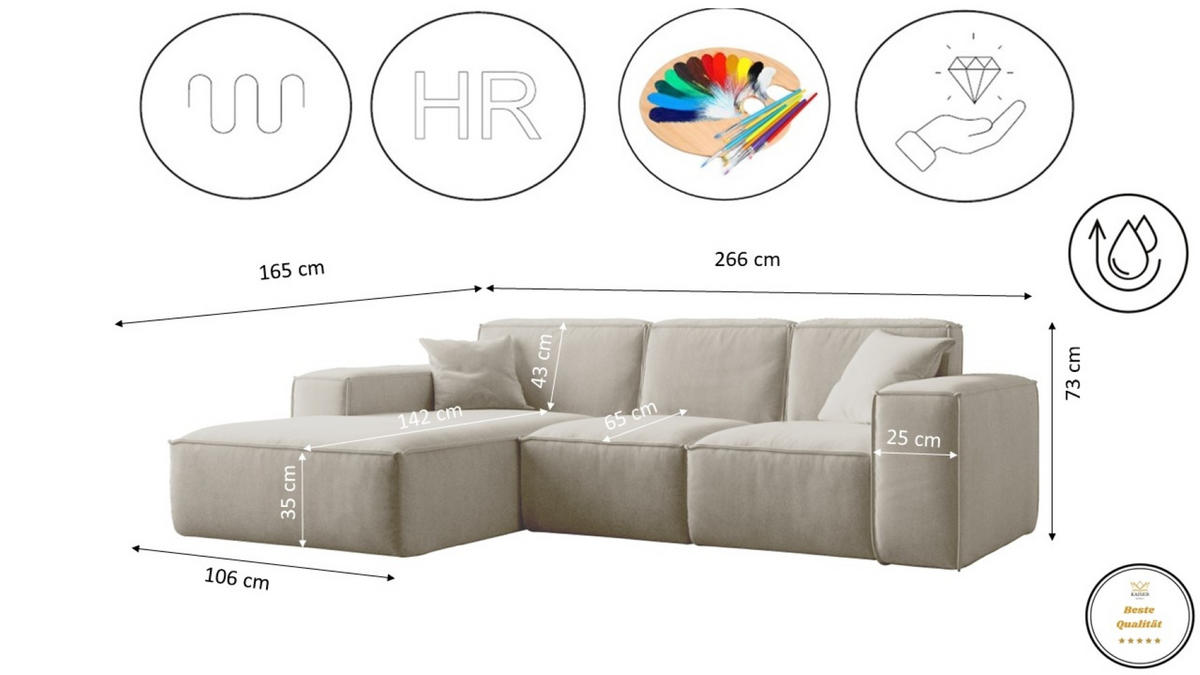 ECKSOFA L-Form Siena Stoff Salvador Ecru Links - Ecru, Holz (165/266cm) - Kaiser Möbel