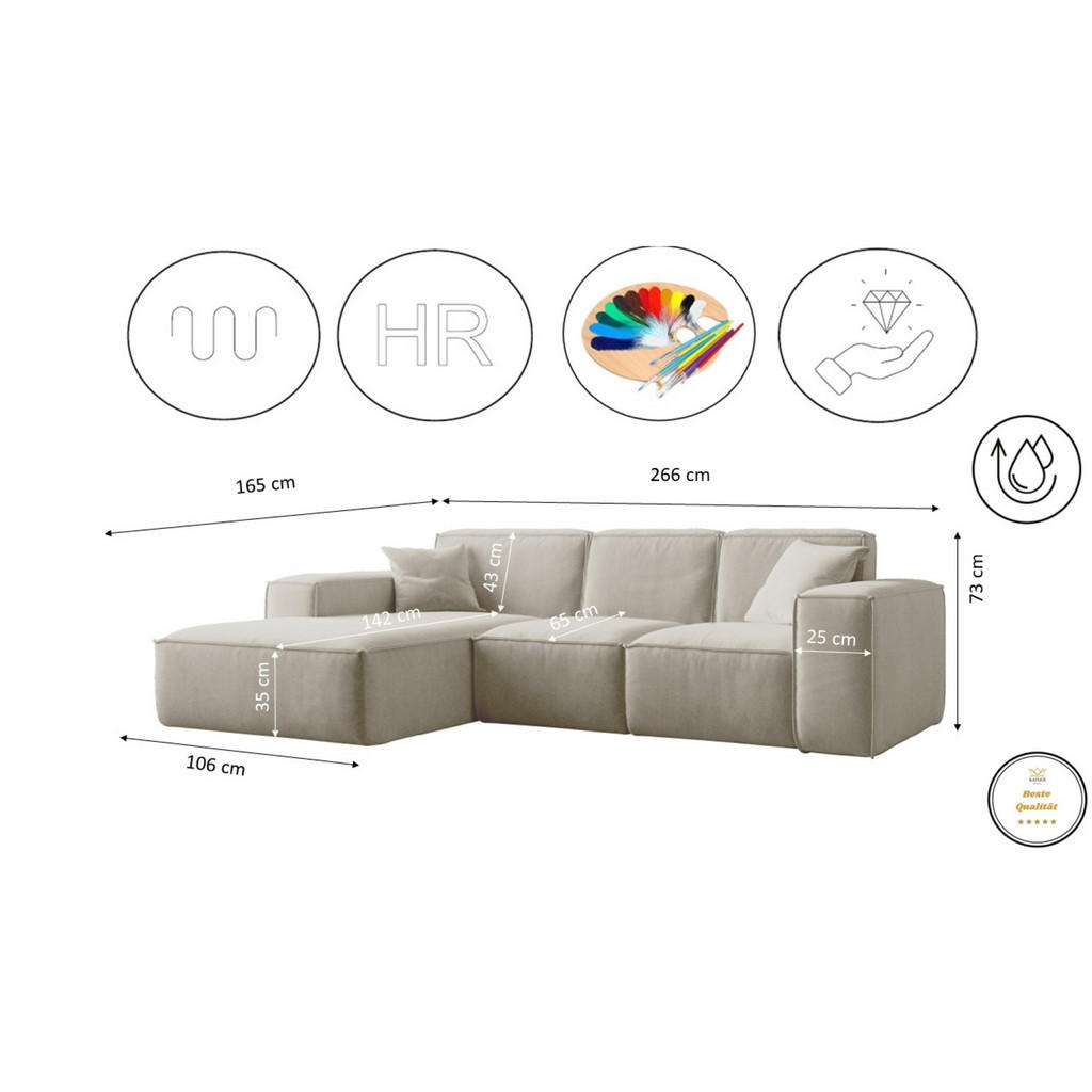 Thumbnail - Kaiser Möbel Ecksofa, Ecru, Holz, L-Form, 266x165 cm, Wohnzimmer, Sofas & Couches, Wohnlandschaften, Ecksofas