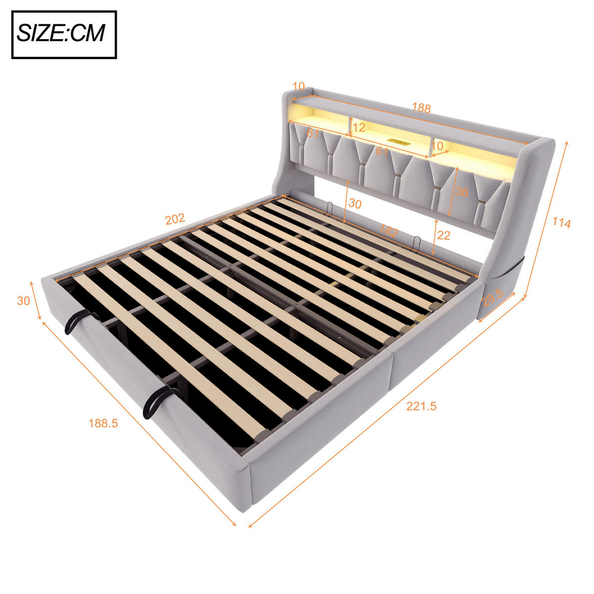 STAURAUMBETT 180/200 cm mit LED und Steckdose, DE-41566, in Hellgrau - Hellgrau, Metall (180/200cm) - ComfortXL