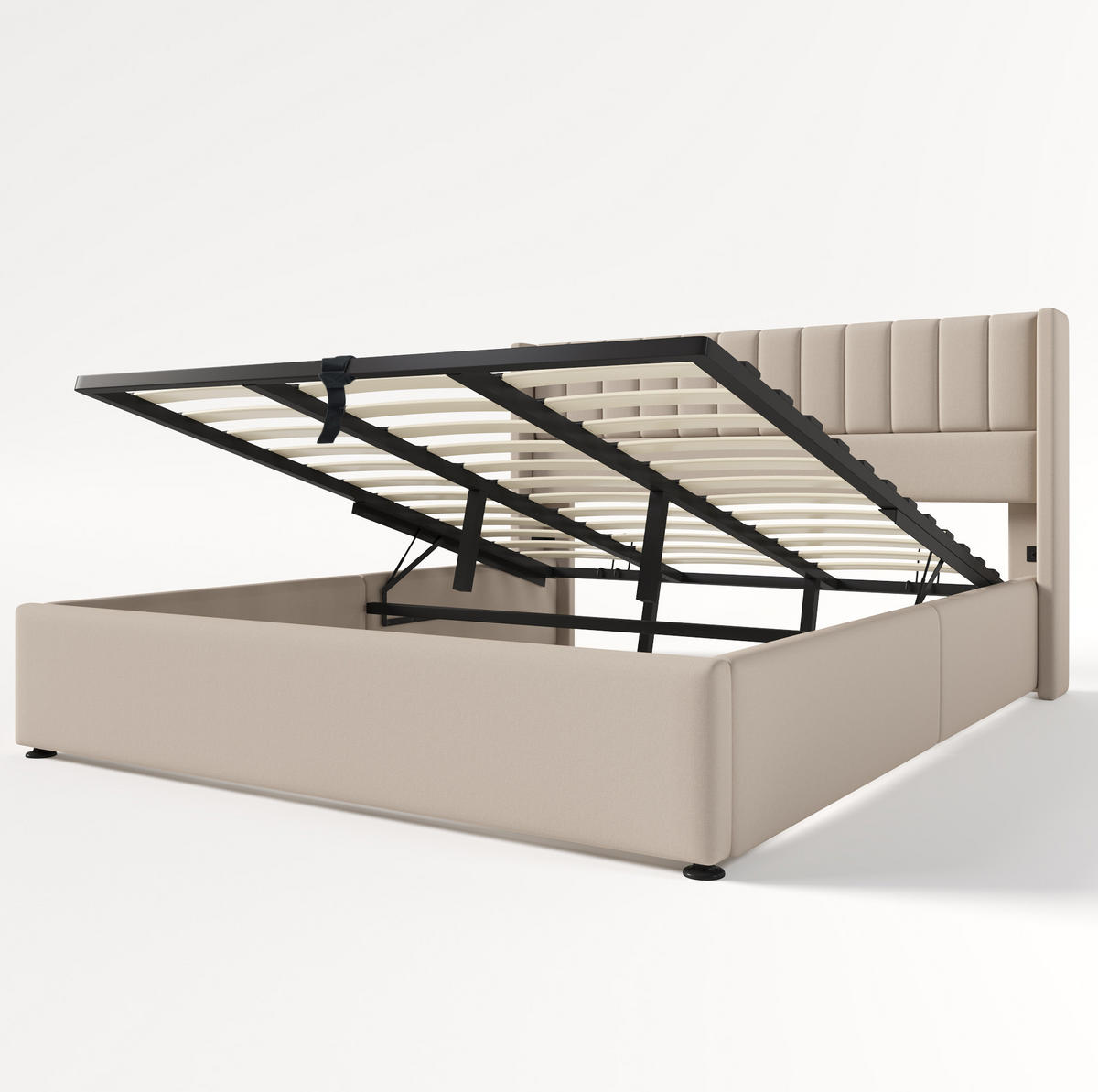 POLSTERBETT 180/200 cm mit hydraulischem Bettkasten, gepolstertem Kopfteil und Leinenbezug, Beige - Beige, Textil (180/200cm) - Redom