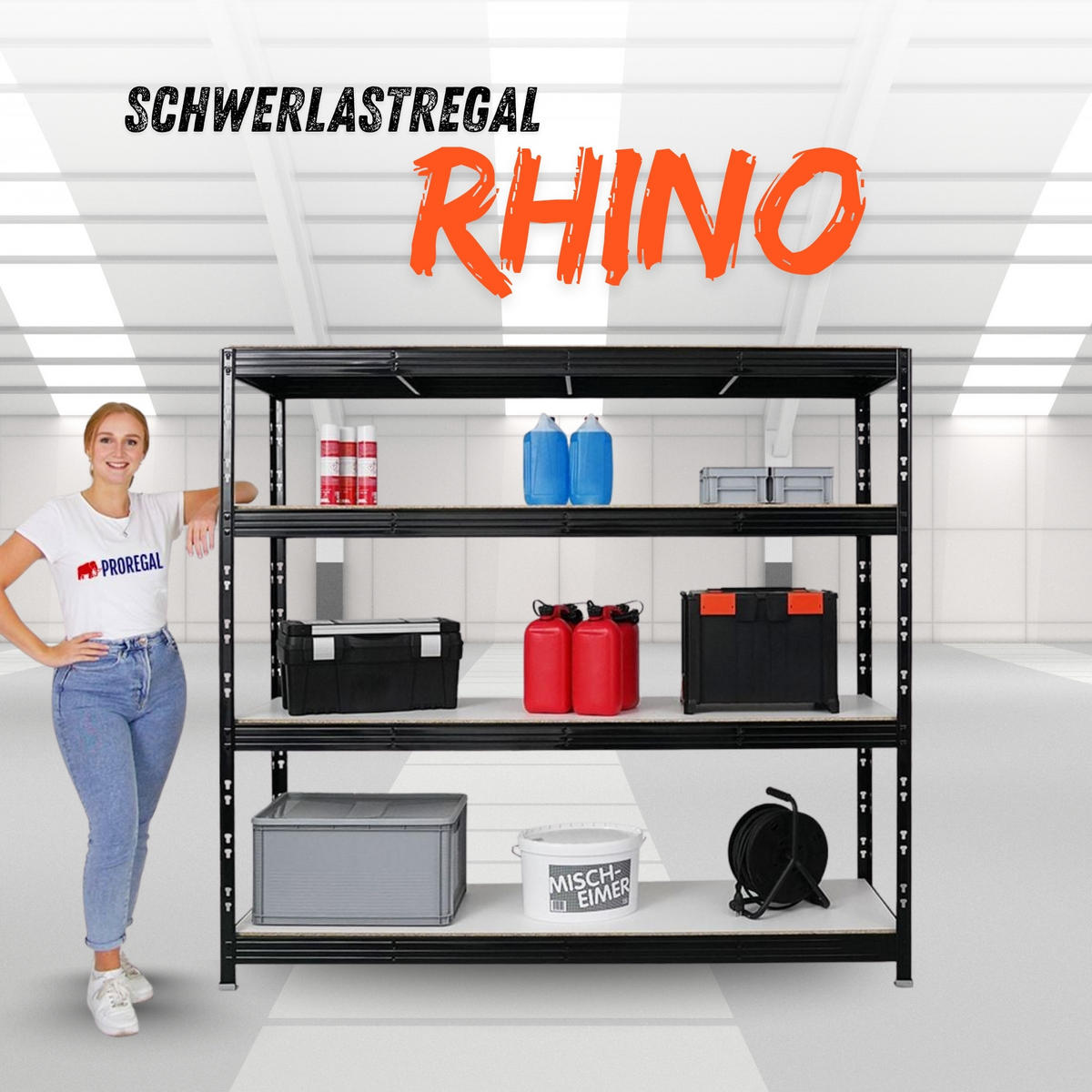 SCHWERLASTREGAL Rhino 180x200x60 cm 4 Melamin-Ebenen 16mm Fachlast 500 kg Schwarz - Schwarz/Weiß, Metall (200/180/60cm) - PROREGAL