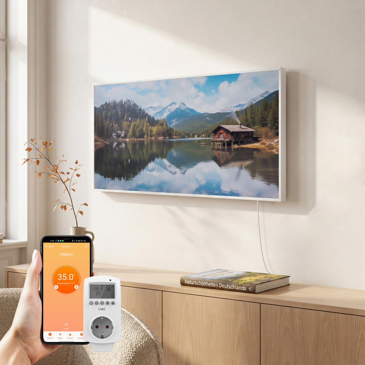 WANDKONVEKTOR Elektrisch mit modernem Landschaftsmotiv, WLAN App Steuerung, Thermostat, 119,5/59,5 cm - Weiß, Kunststoff/Metall (59.5/119.5/2cm) - EMKE