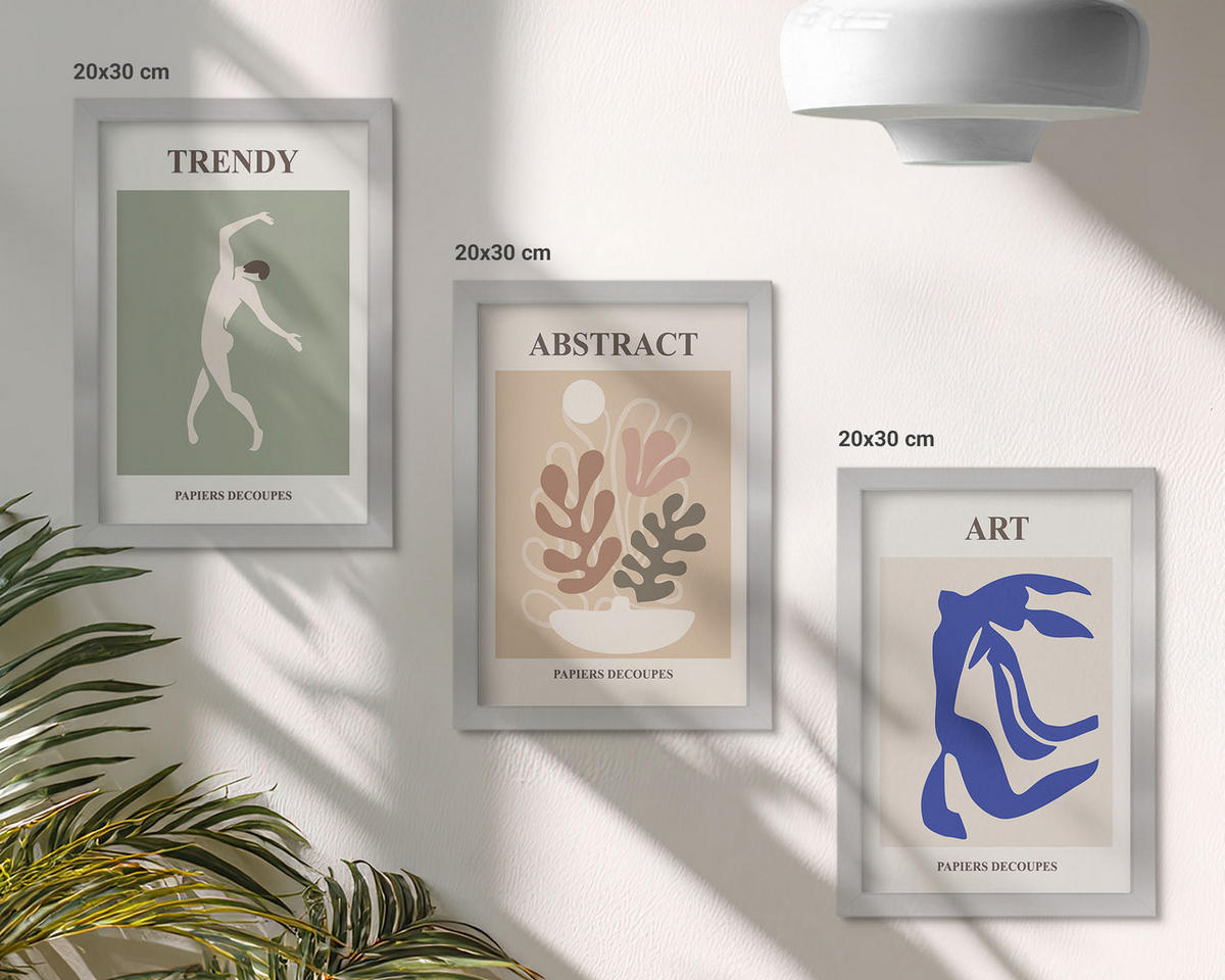 WANDBILDER 3er Set - 20x30 cm Silberner Rahmen - Matisses stilvolle Pflanzenfiguren - Silberfarben, Kunststoff (20/30cm) - ArtPrintCave