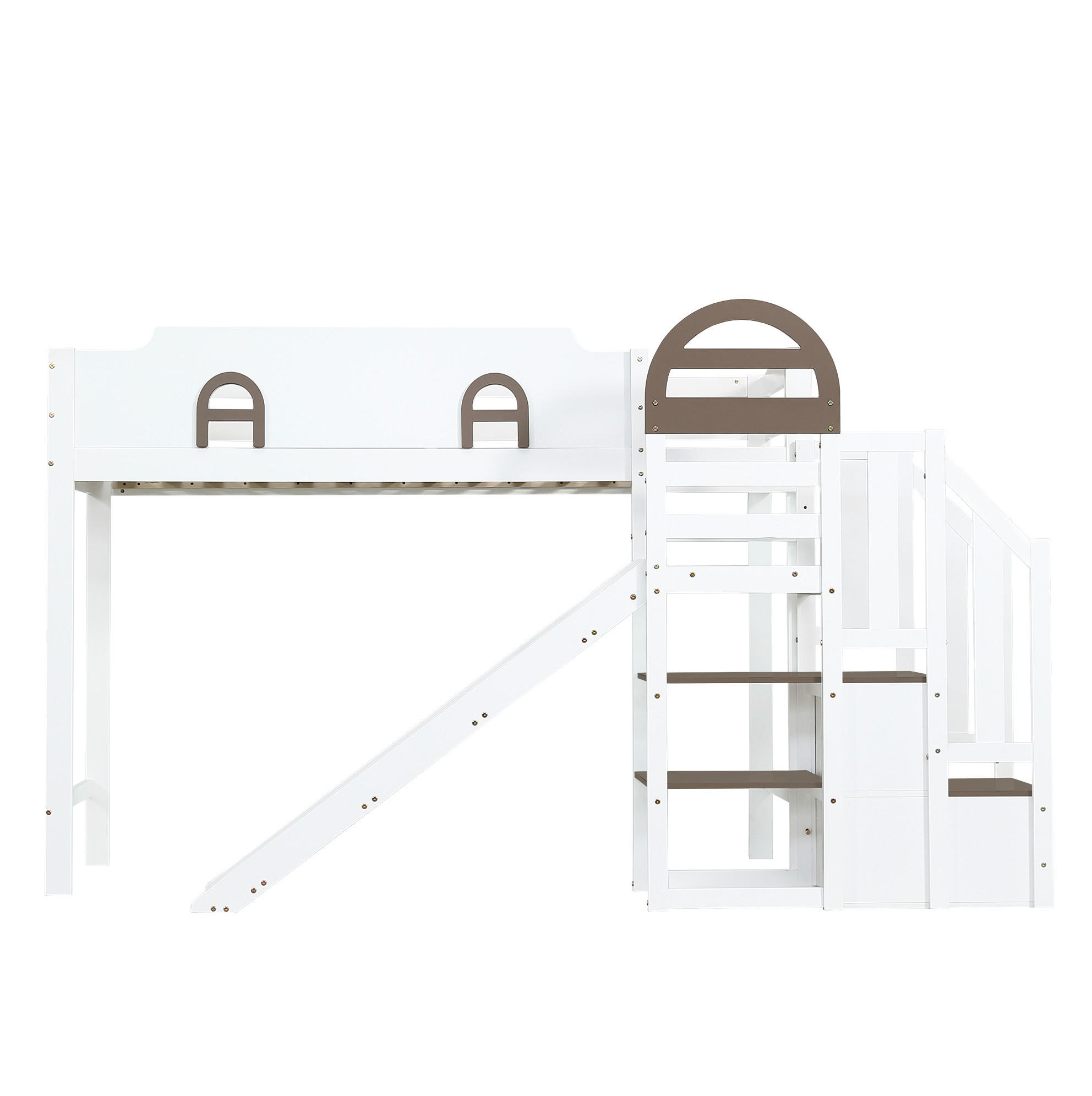 ETAGENBETT 90/200 cm mit Rutsche, Stauraumtreppe, Fenstern und Rundum-Absturzschutz aus Kiefer/MDF, Weiß - Weiß, Holzwerkstoff (90/200cm) - Redom