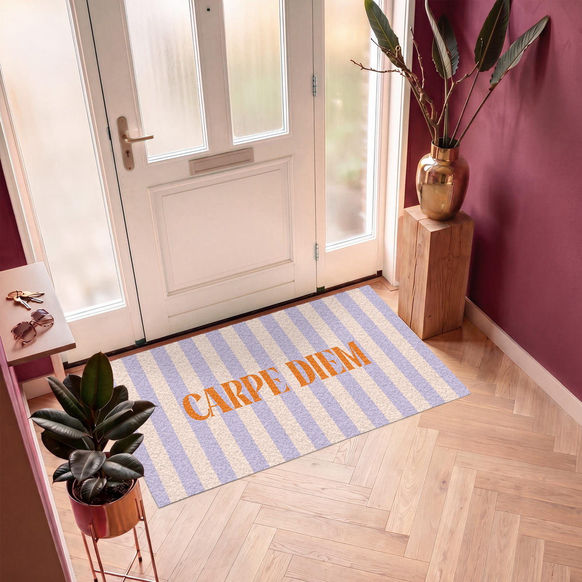 FUSSMATTE Lila – Orange – Streifen – Carpe Diem 150x90 cm - Flieder, Kunststoff (150/0.4cm) - MuchoWow