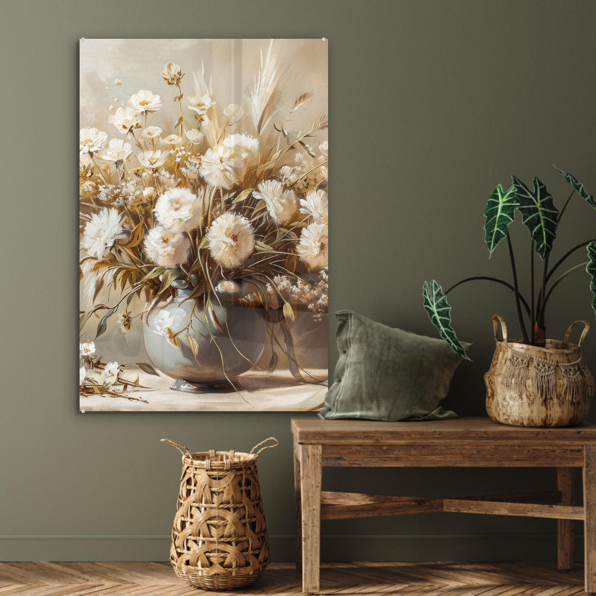 ACRYLGLASBILD Blumen - Vase - Stilleben - Beige 60x90 cm - Creme, Glas (60/90cm) - MuchoWow