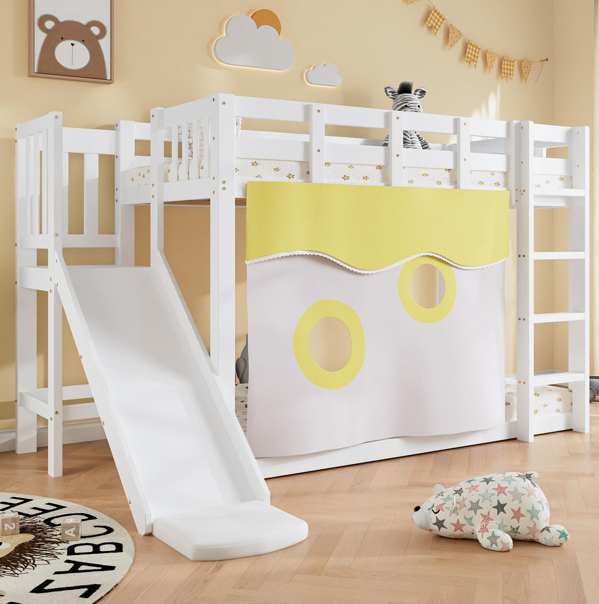 KATNI krevet od borovine i MDF-a 90x200 cm bijeli sa stepenicama, toboganom i zavjesama - bijela, drvni materijal (90/200cm) - Modfu