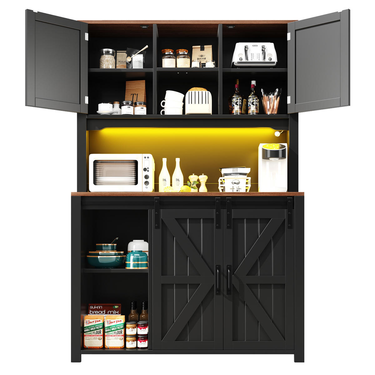 GESCHIRRSCHRANK aus MDF & Metall 115x40x174,7 cm in Schwarz mit LED - Schwarz, Holzwerkstoff (115/174.7/40cm) - Modfu