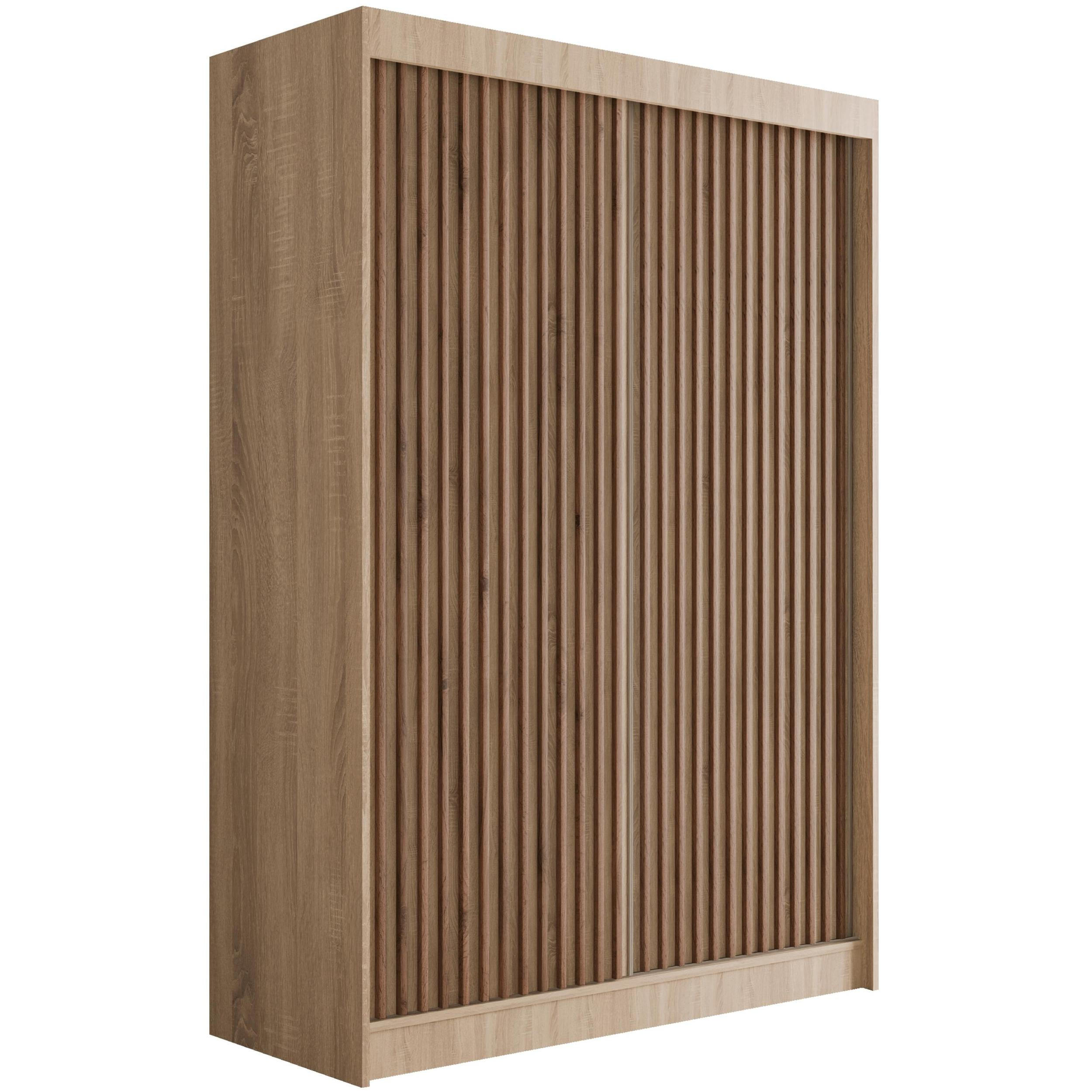 ALTDECOR ŠATNÍ SKŘÍŇ s lamelovými posuvnými dveřmi VILANv2 – 120 cm Sonoma dub + lamely z dubu wotan