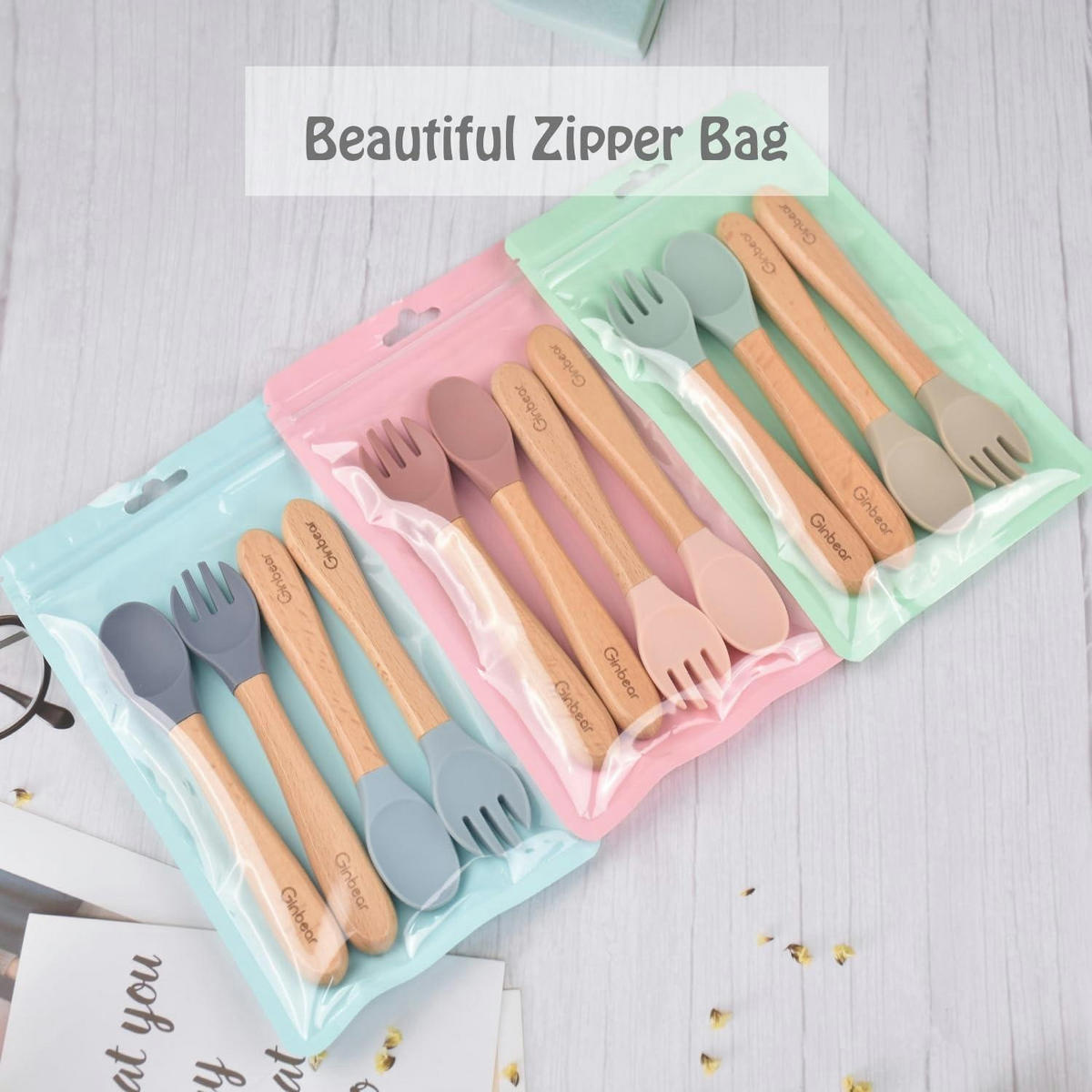 BABY-BESTECK-SET 4-teilig Silikon/Holz Hellgrün/Mandel - Multicolor, Kunststoff