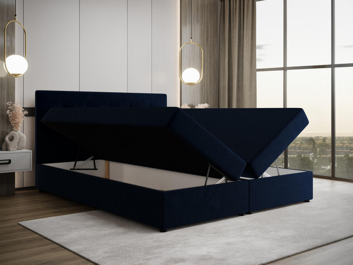 BOXBETT FADO 22 mit Matratze H3, Bonell und Topper 180x200 Itaka 11 - Blau, Holz/Textil (180/200cm) - Bedante