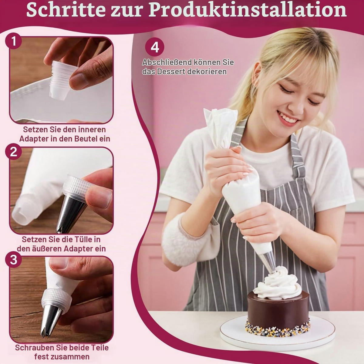 SPRITZBEUTEL Set 12-teilig mit 8 Edelstahl-Tüllen - Weiß, Textil (19/1/35cm)
