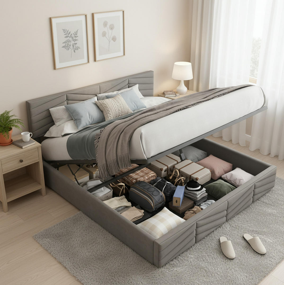 POLSTERBETT aus Samt 140x200 cm in Grau mit Bettkasten & verstellbarem Kopfteil - Grau, Textil (140/200cm) - Modfu